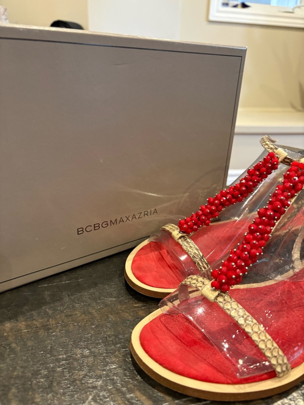 BCBG Max Azria Red Beaded Clear T-Strap Sandals, size 7.5